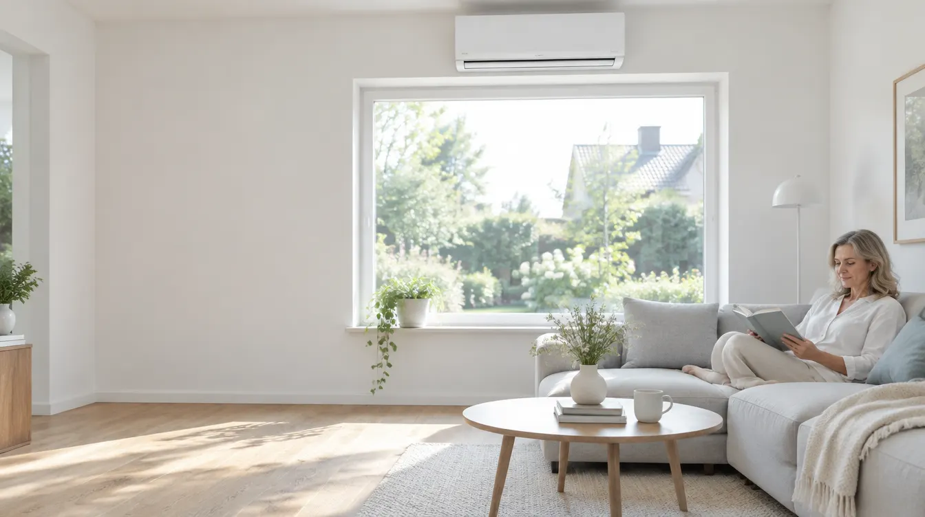Helles Wohnzimmer mit Klimaanlage über dem Fenster