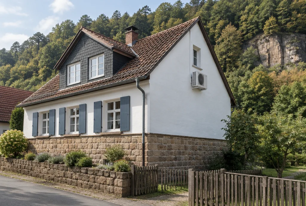 Beispielbild: altes Bergmannshaus mit Sandsteinsockel am Deister und dem Außengerät einer Klimaanlage
