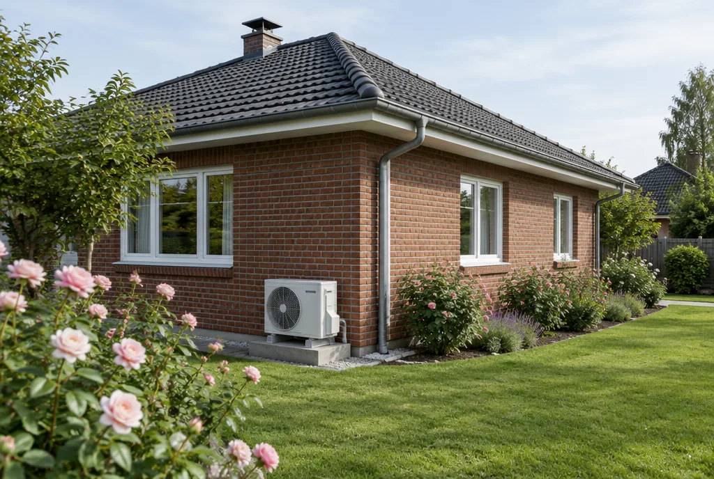 Klinker-Bungalow mit Außengerät einer Klimaanlage auf einem Betonsockel, Beispielbild