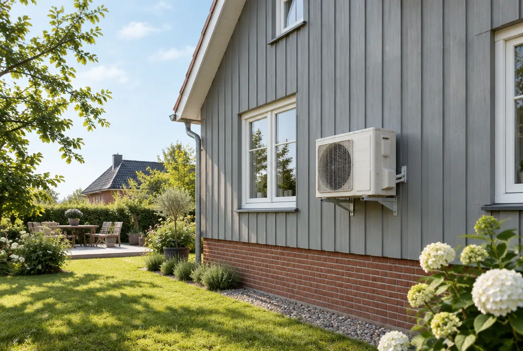 Haus mit grauer Holzfassade und Außengerät einer Klimaanlage auf einer Wandkonsole, Beispielbild