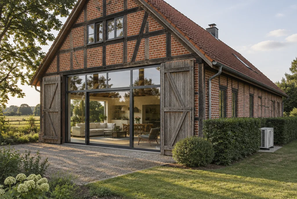 Beispielbild: umgebautes Bauernhaus mit dem Außengerät einer Klimaanlage hinter einer Hecke