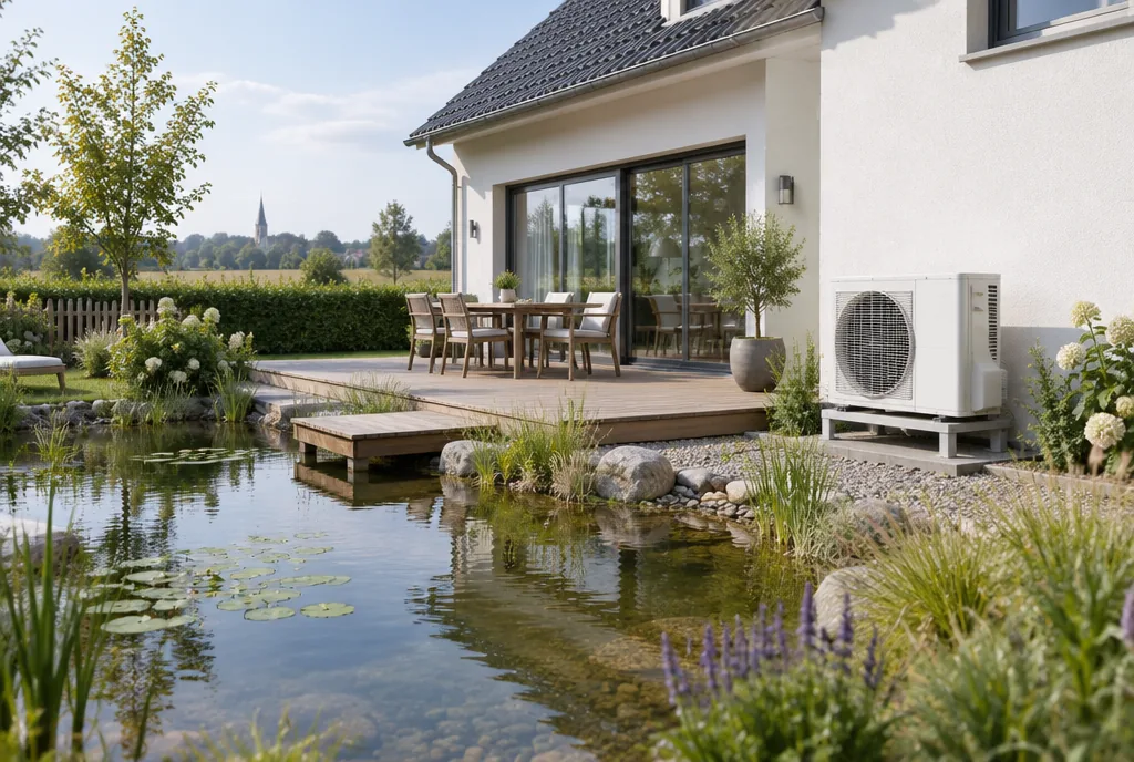 Familienhaus mit Gartenteich und Außengerät einer Klimaanlage am Holzdeck, Beispielbild