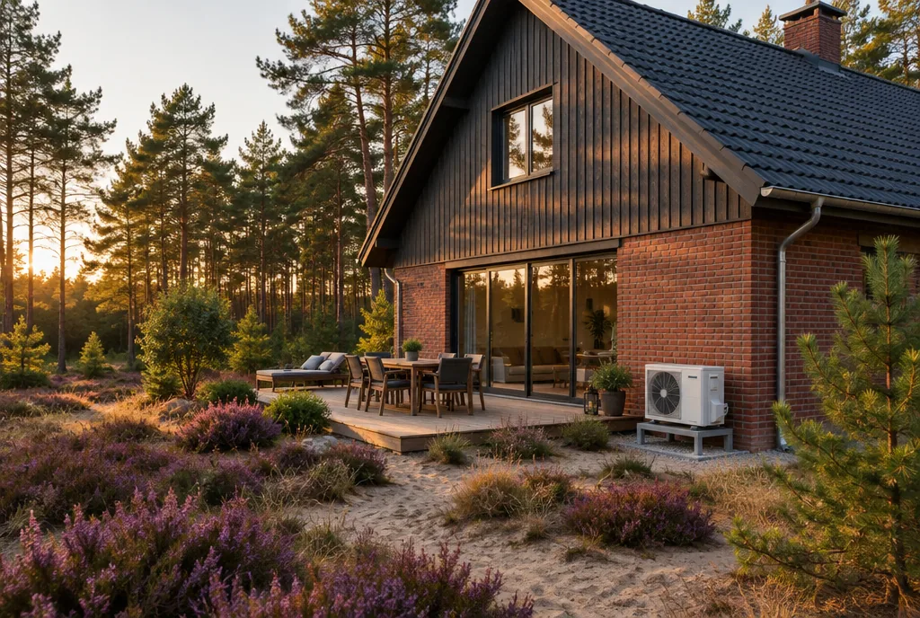 Holz- und Klinkerhaus am Kiefernwald mit Außengerät einer Klimaanlage an der Terrasse, Beispielbild
