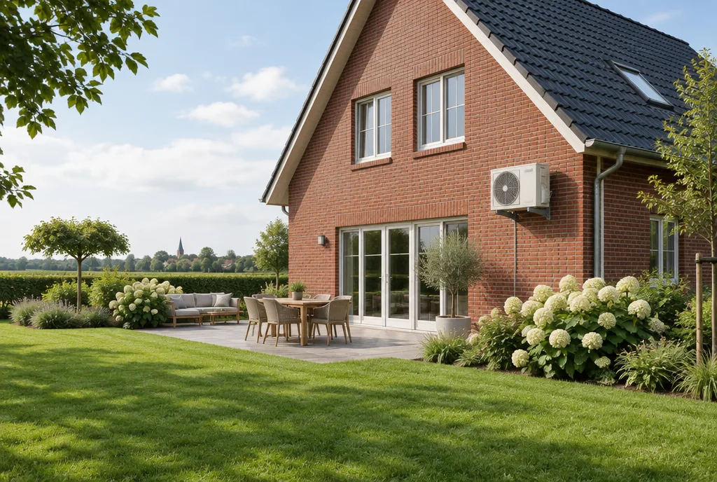 Klinker-Einfamilienhaus mit Außengerät einer Klimaanlage an der Terrasse, Beispielbild