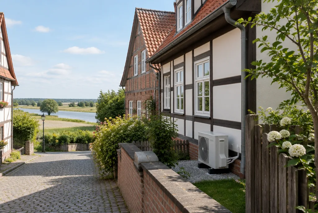 Beispielbild: Kleinstadtstraße mit Fachwerk und Backstein nahe der Leineaue, das Außengerät einer Klimaanlage steht im Seitenhof