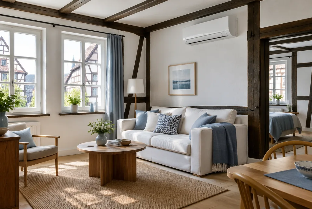 Beispielbild: Wohnung in einem Fachwerkhaus der Altstadt von Helmstedt mit einem Klimagerät an der Wand