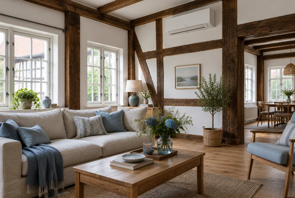 Beispielbild: Wohnzimmer mit sichtbaren Fachwerkbalken und einem Klimagerät an der Wand