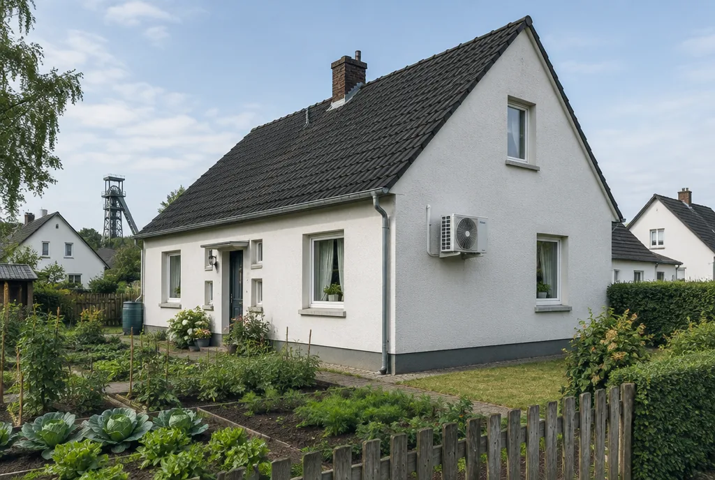 Ehemaliges Bergmannshaus mit Außengerät einer Klimaanlage an der Seitenwand, Beispielbild