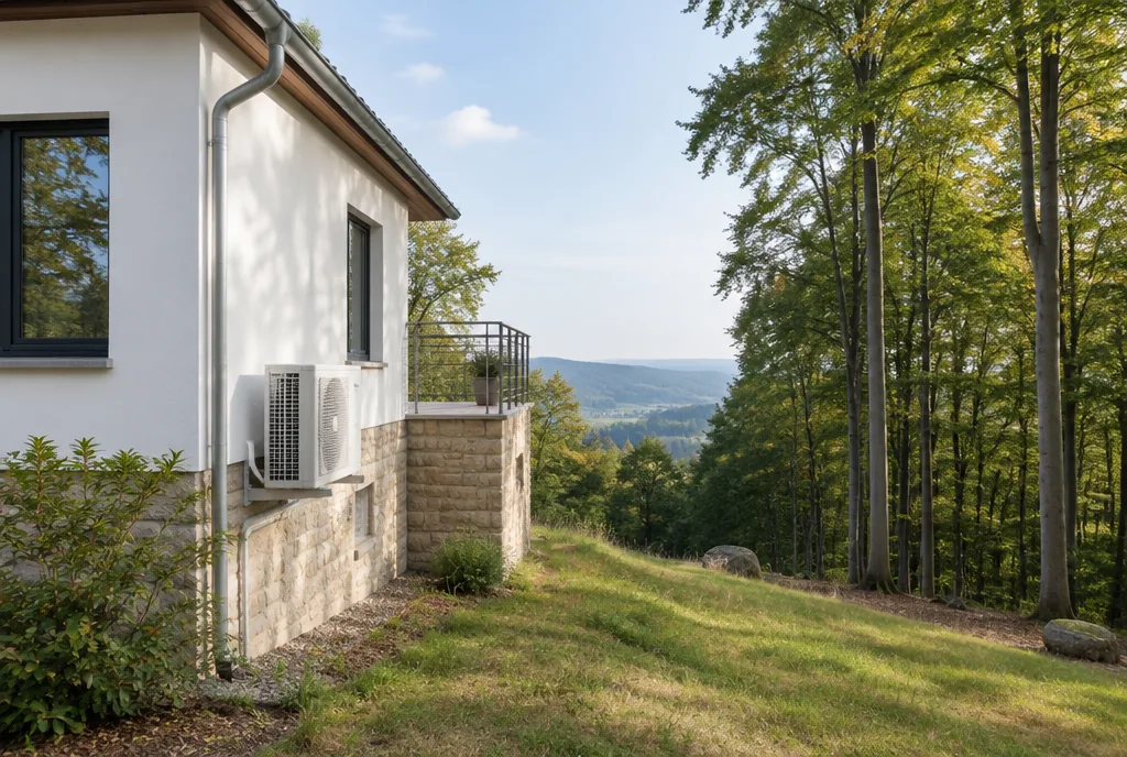 Beispielbild: Haus mit Sandsteinsockel am Elm, das Außengerät einer Klimaanlage steht neben dem Haus