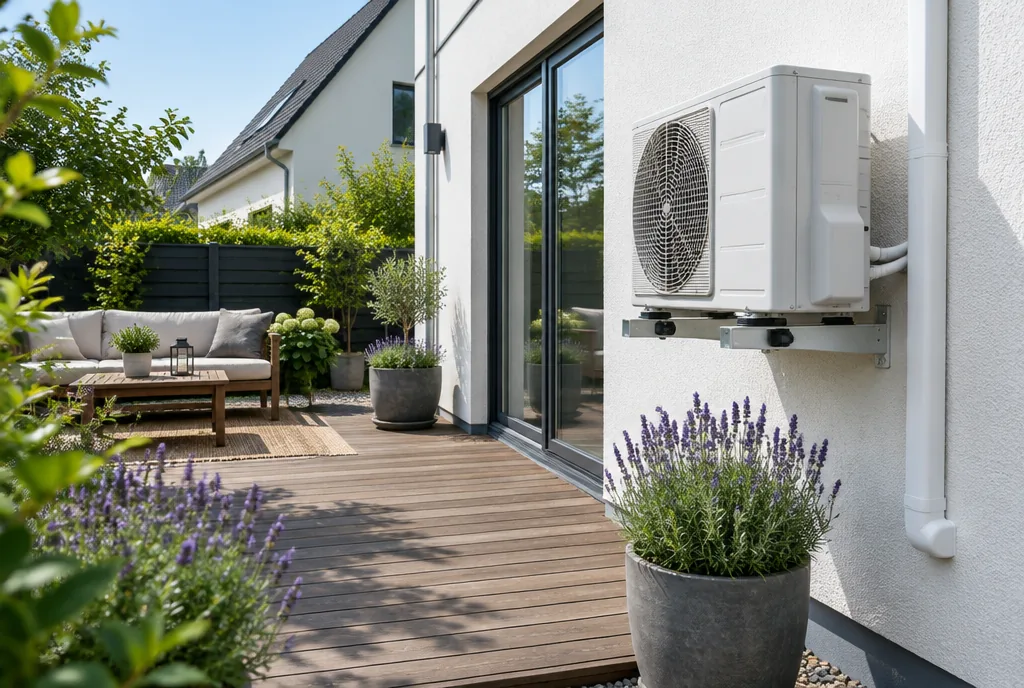 Beispielbild: Garten eines Doppelhauses mit dem Außengerät einer Klimaanlage auf einer Wandkonsole