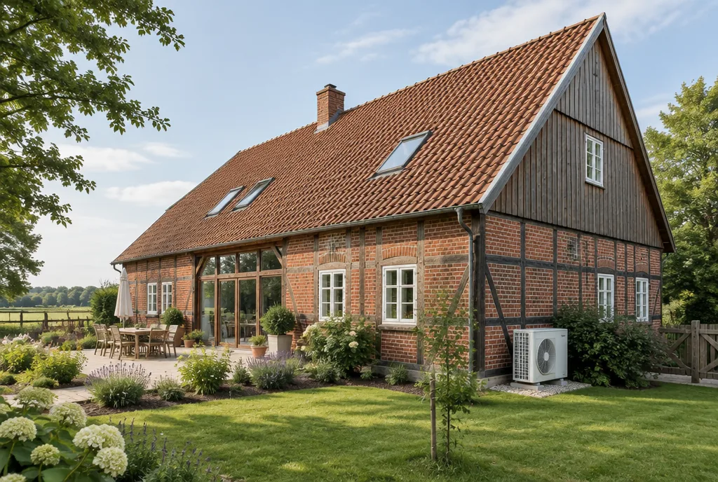 Umgebautes Hallenhaus aus Klinker und Fachwerk mit Außengerät einer Klimaanlage am Garten, Beispielbild