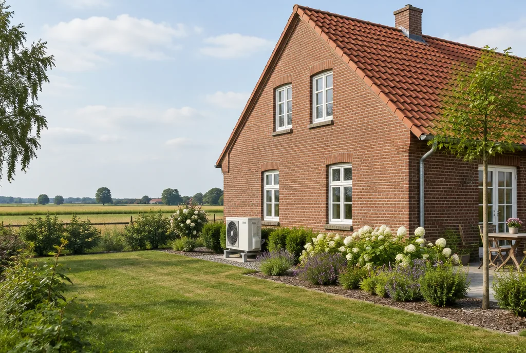 Beispielbild: Bauernhaus aus Klinker in flacher Landschaft mit dem Außengerät einer Klimaanlage