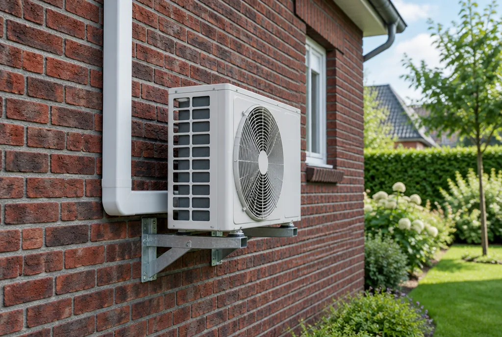 Außengerät einer Klimaanlage auf einer Wandkonsole an einer Klinkerwand, Beispielbild