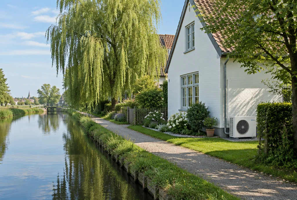 Haus am Kanal mit Außengerät einer Klimaanlage an der Seite, Beispielbild