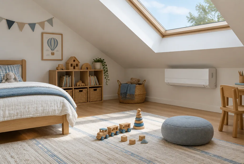 Ausgebautes Kinderzimmer im Dachgeschoss mit Klimagerät an der Wand, Beispielbild