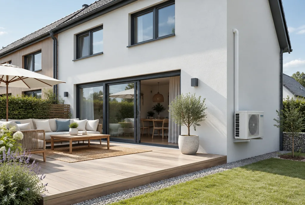Modernes Doppelhaus mit Außengerät einer Klimaanlage an der Terrassenwand, Beispielbild