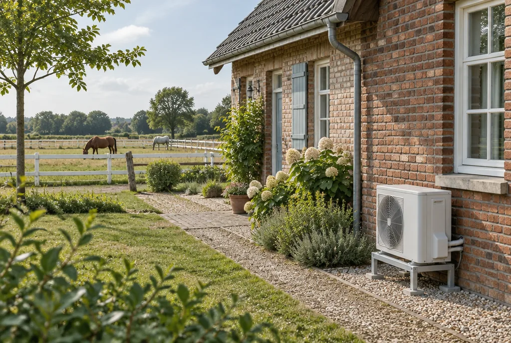 Backstein-Landhaus mit Pferdekoppel und Außengerät einer Klimaanlage, Beispielbild