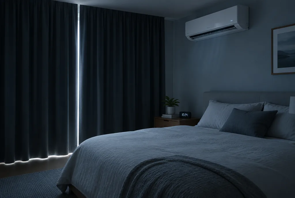 Abgedunkeltes Schlafzimmer am Tag mit Klimagerät über dem Bett, Beispielbild