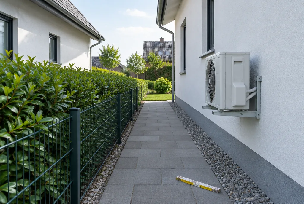 Außengerät an der Hauswand mit Abstand zum Gartenzaun