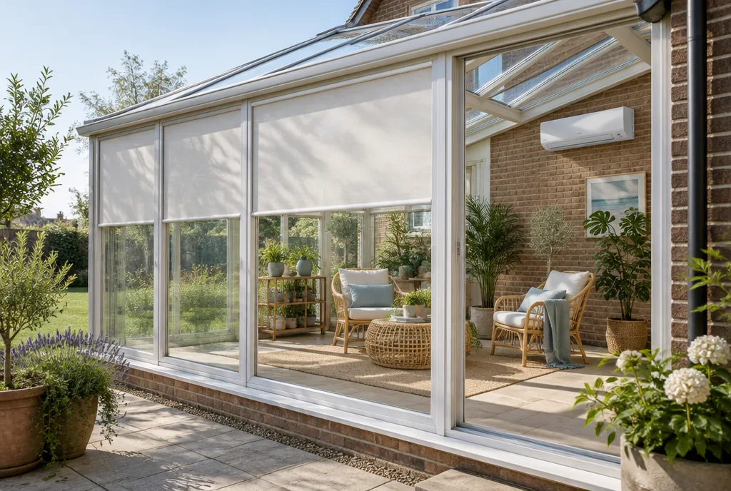 Verglaster Wintergarten am Wohnhaus mit außenliegender Markise und Split-Innengerät an der Hauswand